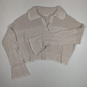 Happily Grey Cream Open Knit Cropped Sweater Womens Medium Collared V-Neck Beige
